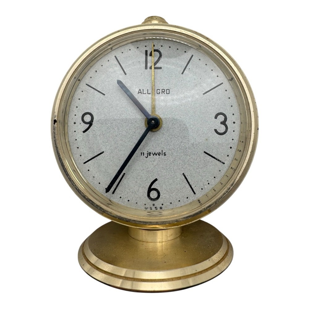 Vintage Allegro USSR Brass Desk Alarm Clock 11 Jewels Mechanical Wind-Up‎